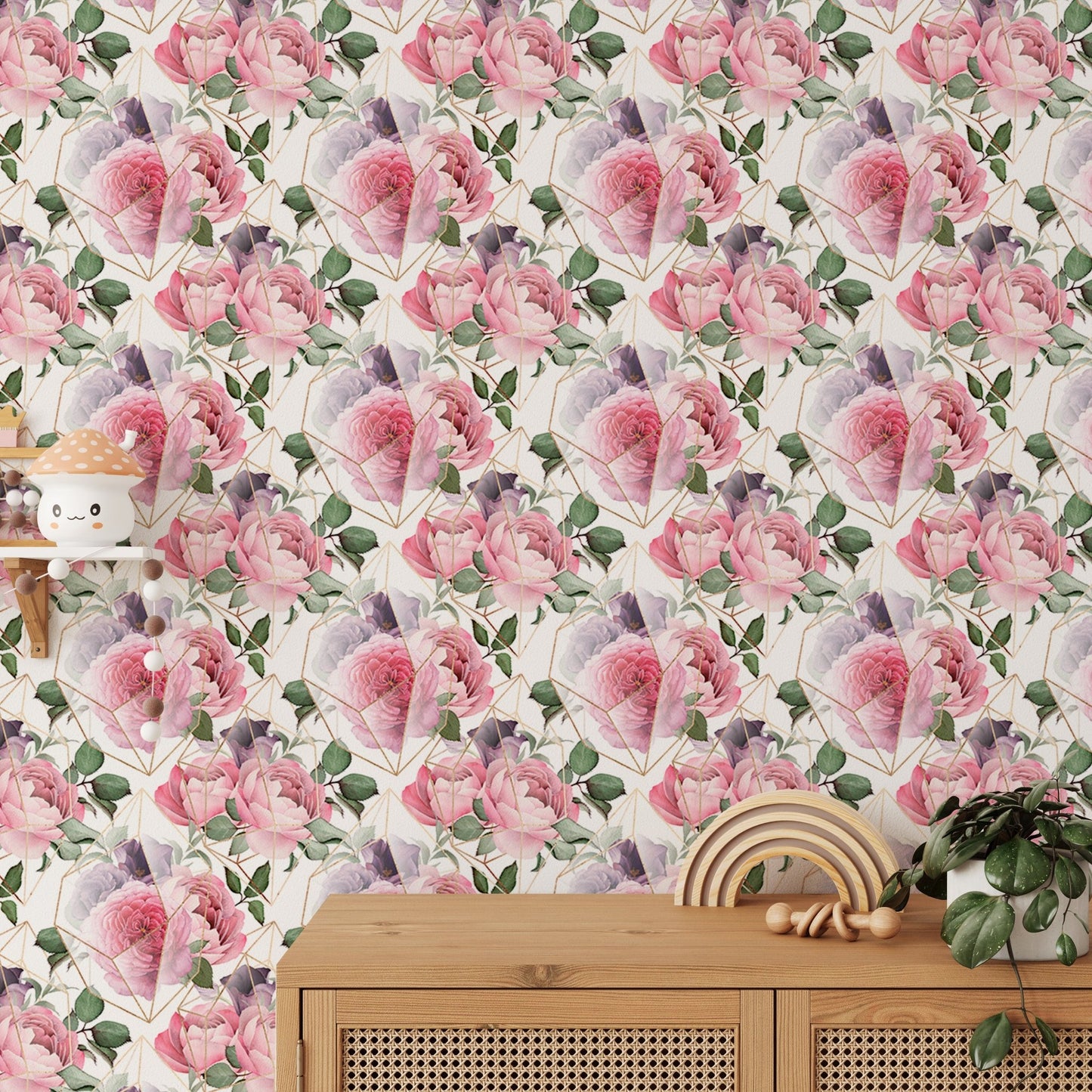 Floral texture wallpaper behind a wooden table with ceramic bowls in kids room.