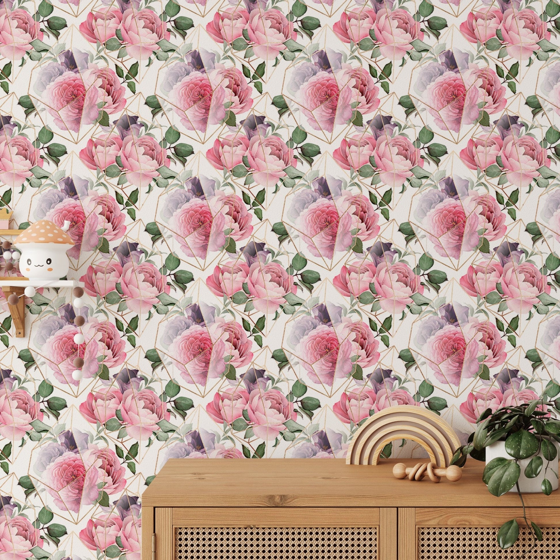 Floral texture wallpaper behind a wooden table with ceramic bowls in kids room.