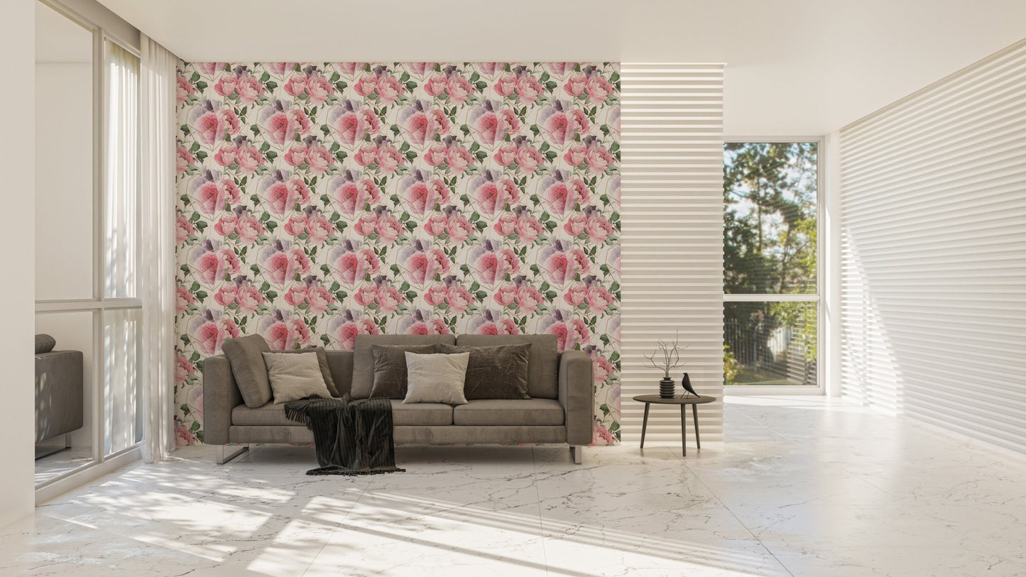 Living room wallpaper with pink flower patterns and grey sofa.