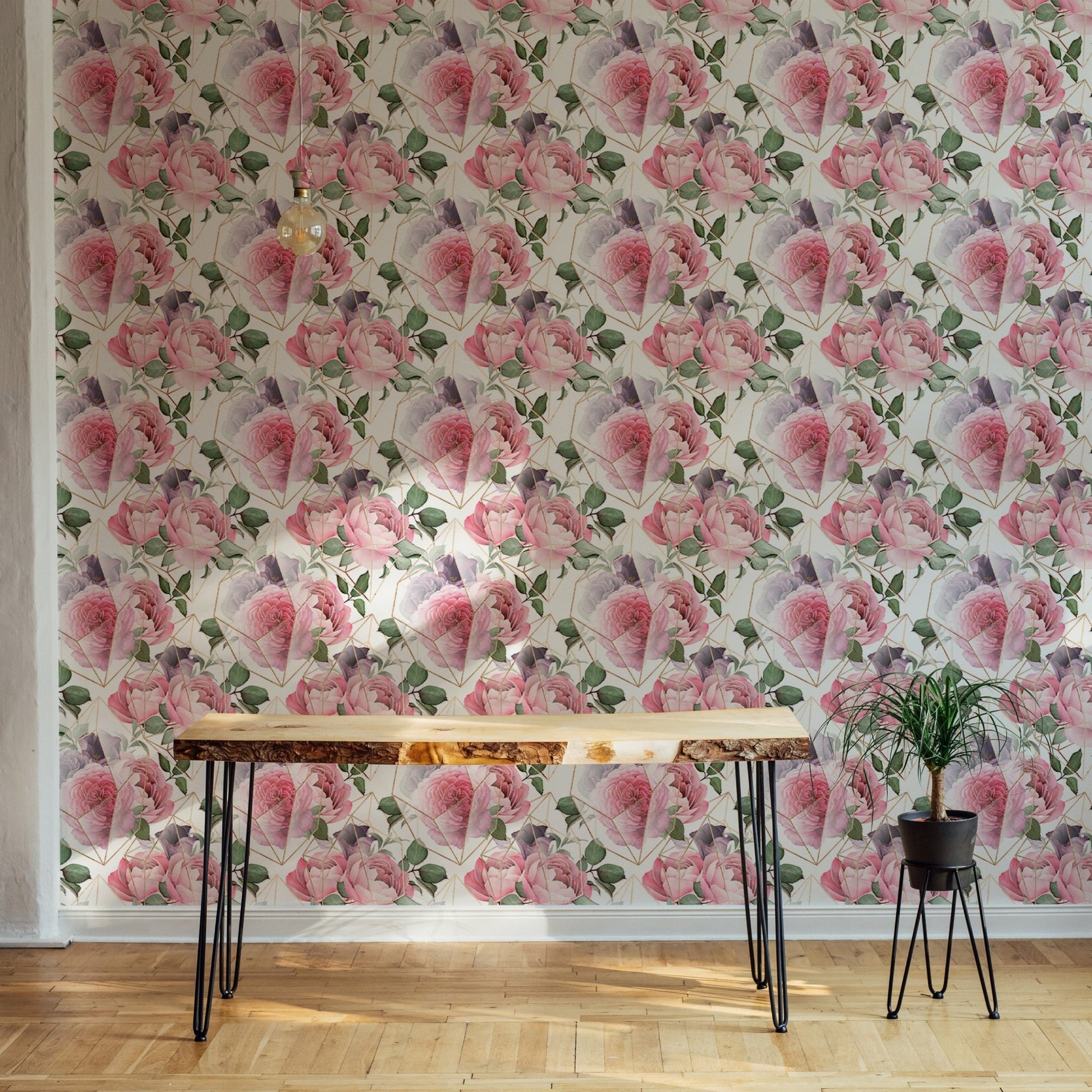 Floral gold line texture wallpaper behind a minimalist wooden desk.
