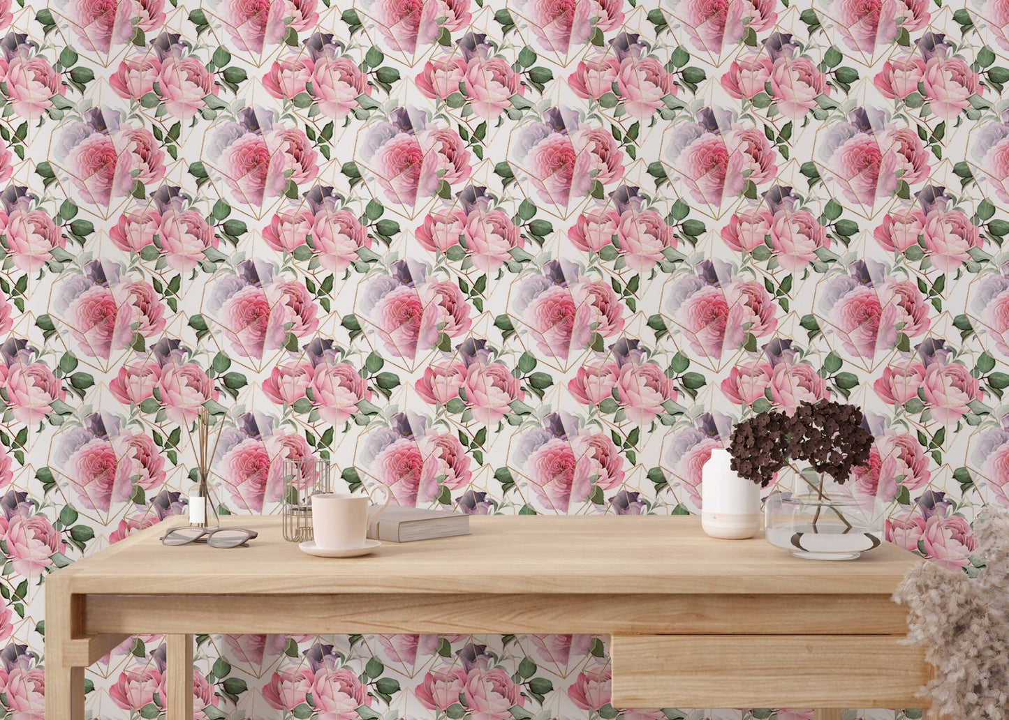 Reading area featuring watercolor pink flower wallpaper and wooden sideboard.
