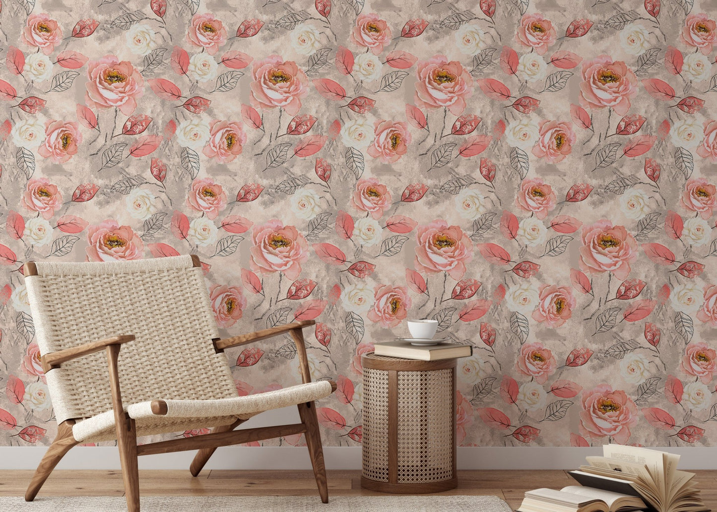 Pink roses wallpaper in a minimalist sitting area with a wooden chair and side table.