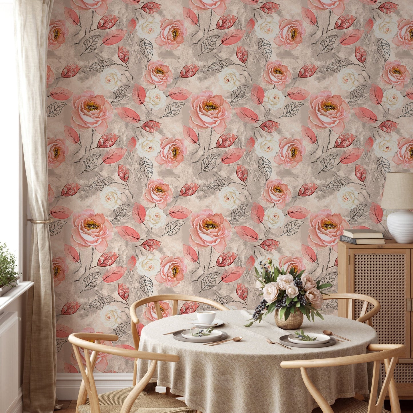 Pink rose wallpaper decorating a dining space with a round table and wooden chairs.