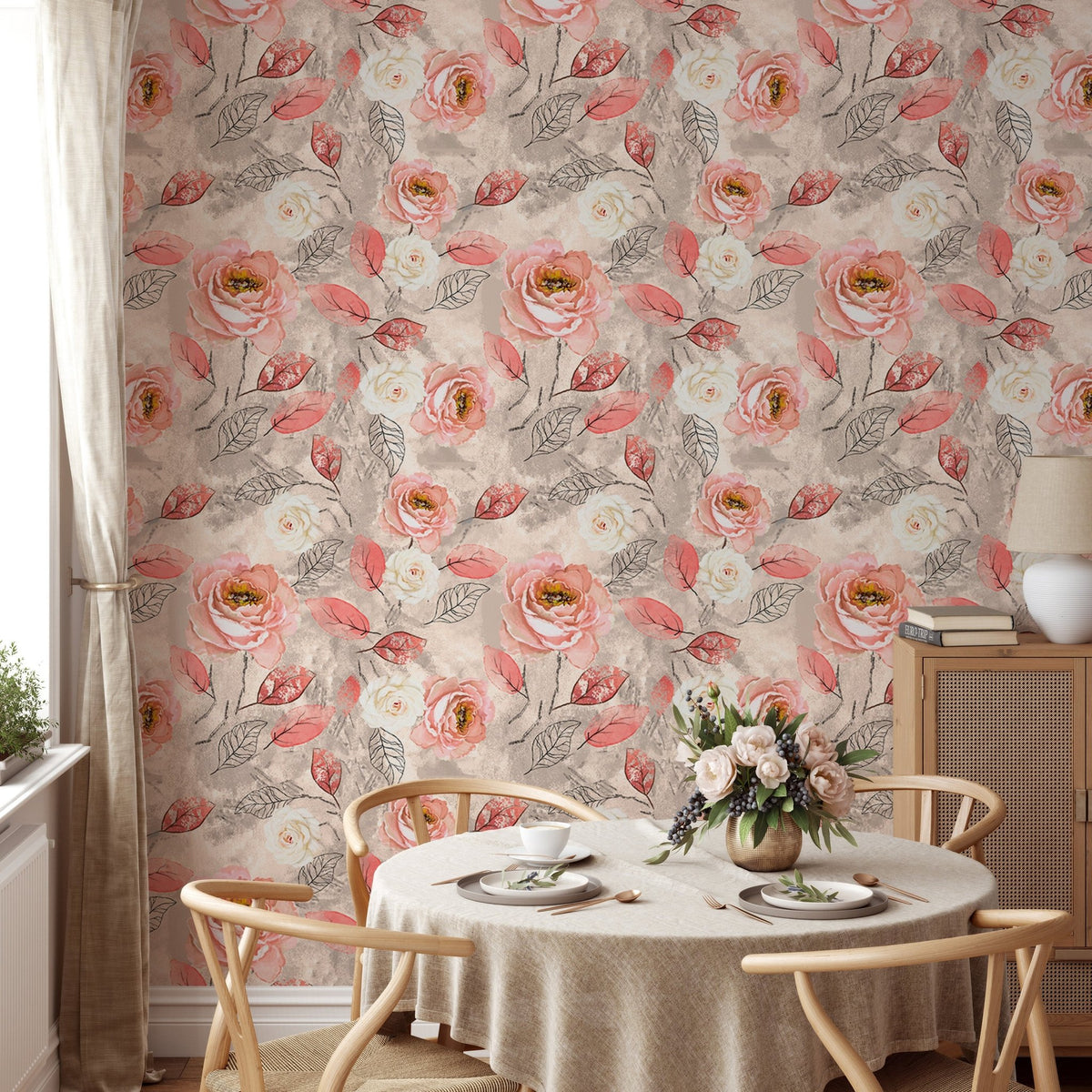 Pink rose wallpaper decorating a dining space with a round table and wooden chairs.