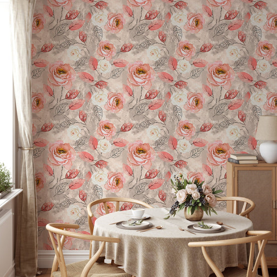 Pink rose wallpaper decorating a dining space with a round table and wooden chairs.