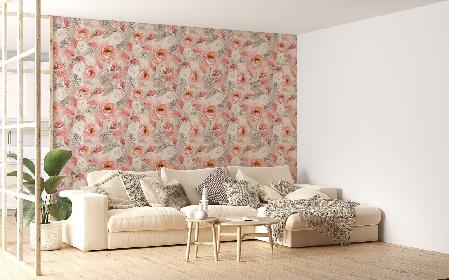 Watercolor pink roses flower wallpaper behind a beige sofa in a modern living room.