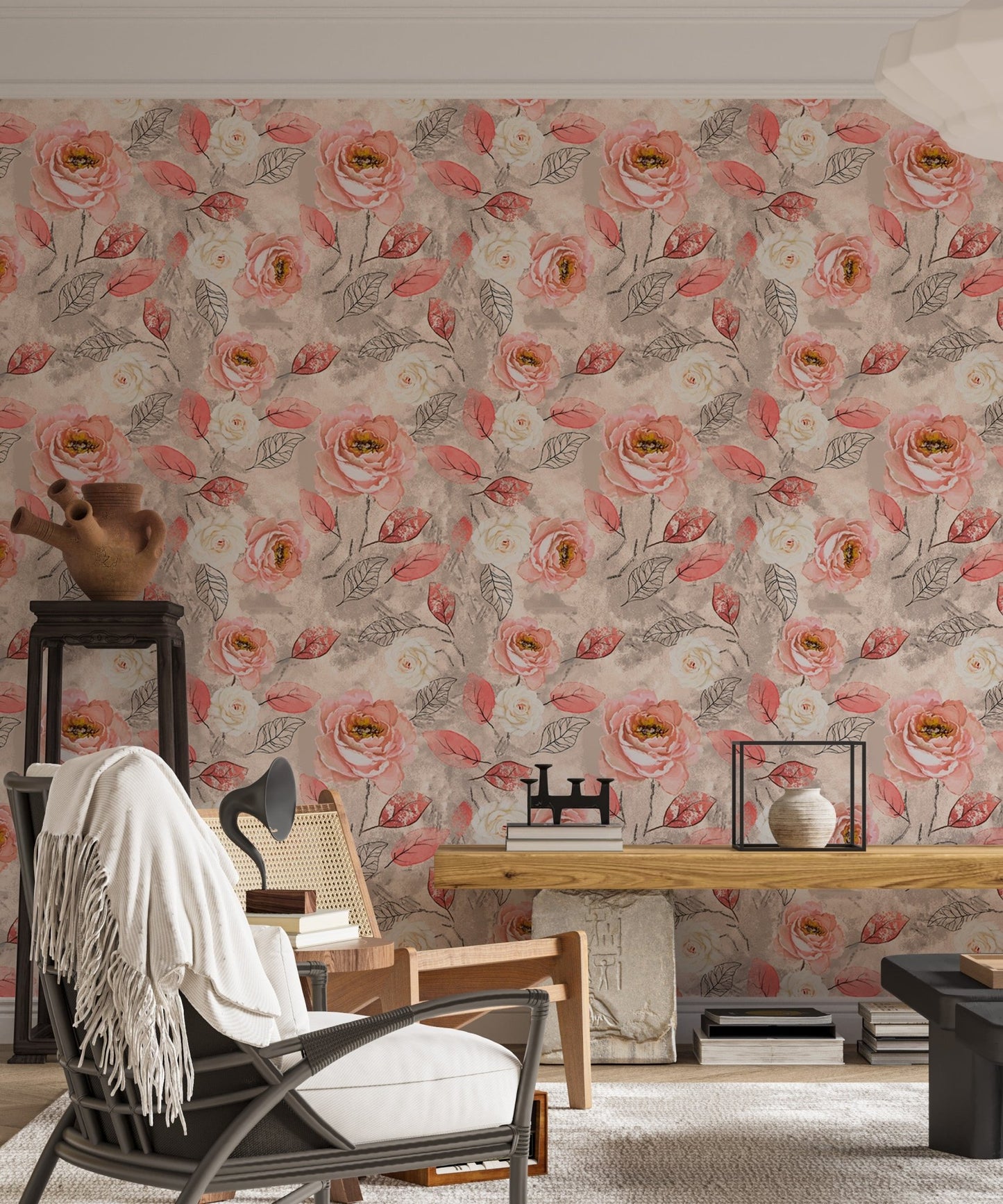 Watercolor flower wallpaper in a living area with mid-century modern furniture.