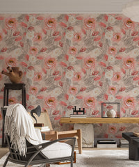 Watercolor flower wallpaper in a living area with mid-century modern furniture.