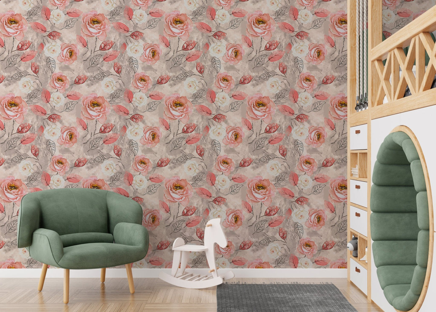 Pink floral wallpaper in a child's play area with a green armchair and rocking horse.