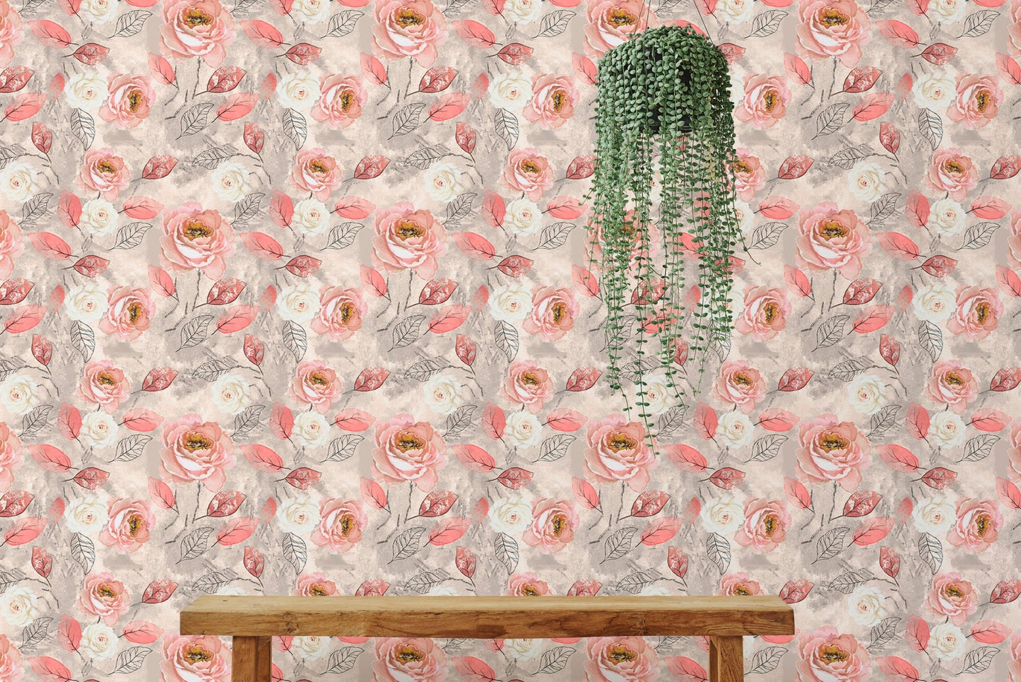 Floral wallpaper featuring pink roses and grey leaves behind a wooden bench.