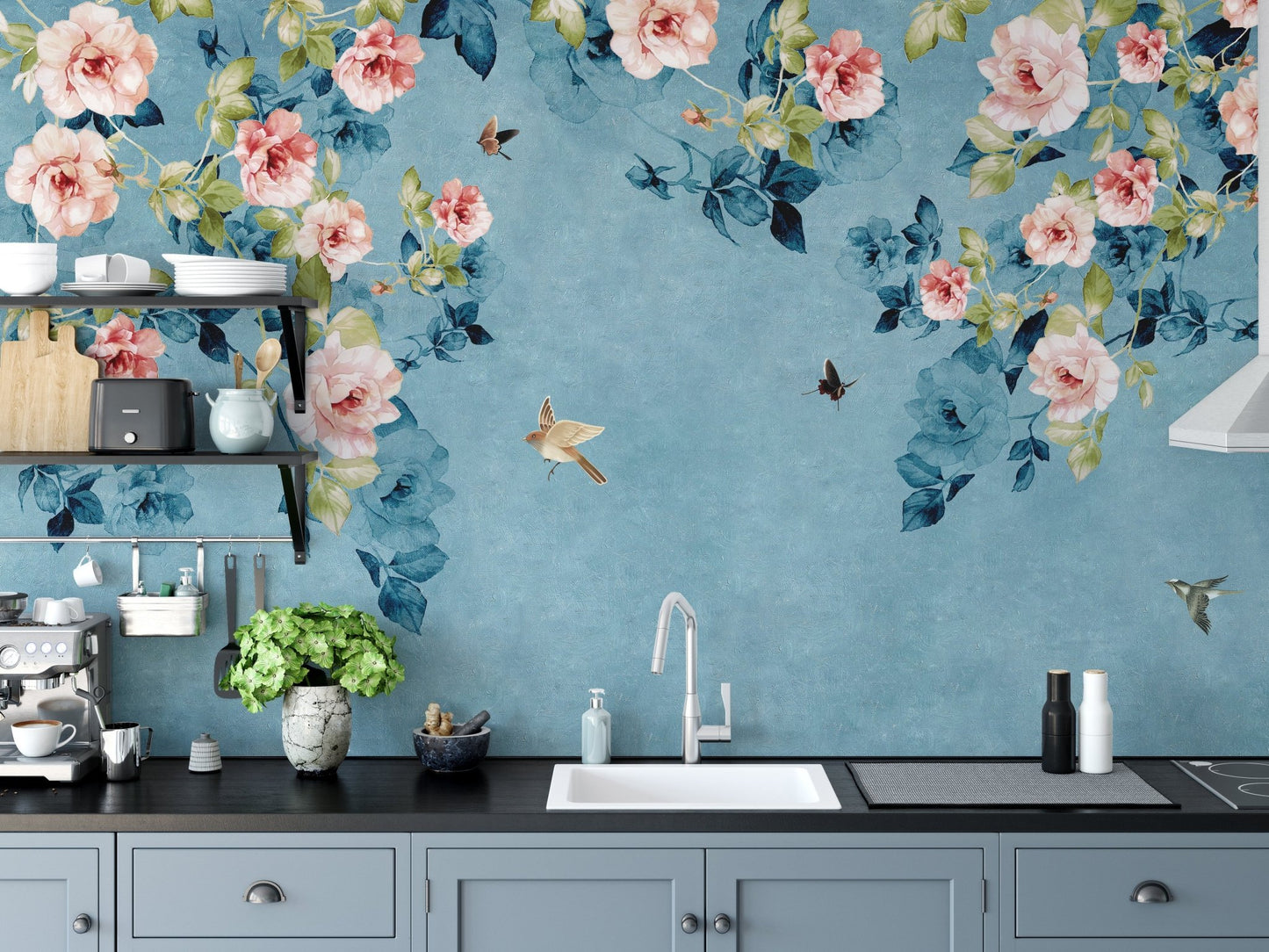 Kitchen backsplash area styled with a blue and green floral wall mural.