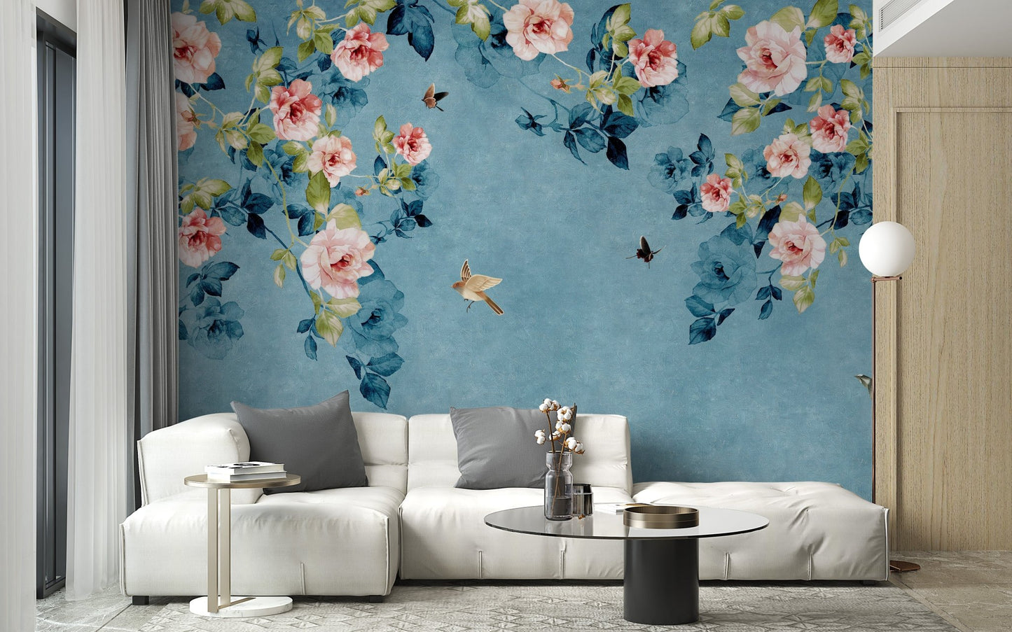 Contemporary sitting room with white furniture and pink floral wall mural.