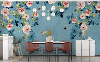 Minimalist dining room with red chairs and pink rose watercolor wall mural.