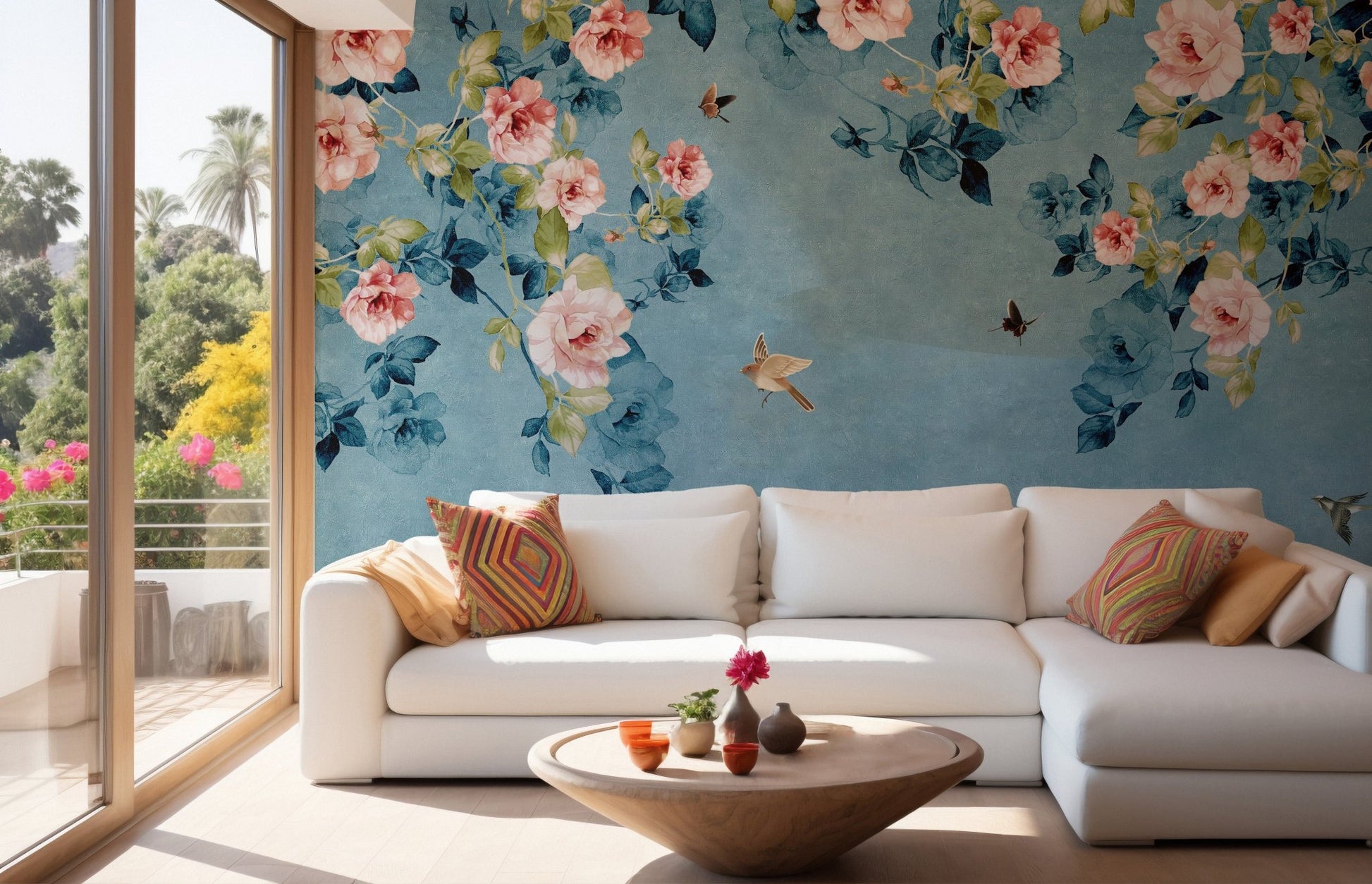 Watercolor Pink Roses on Blue & Green Wall Mural in living room.