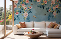 Watercolor Pink Roses on Blue & Green Wall Mural in living room.