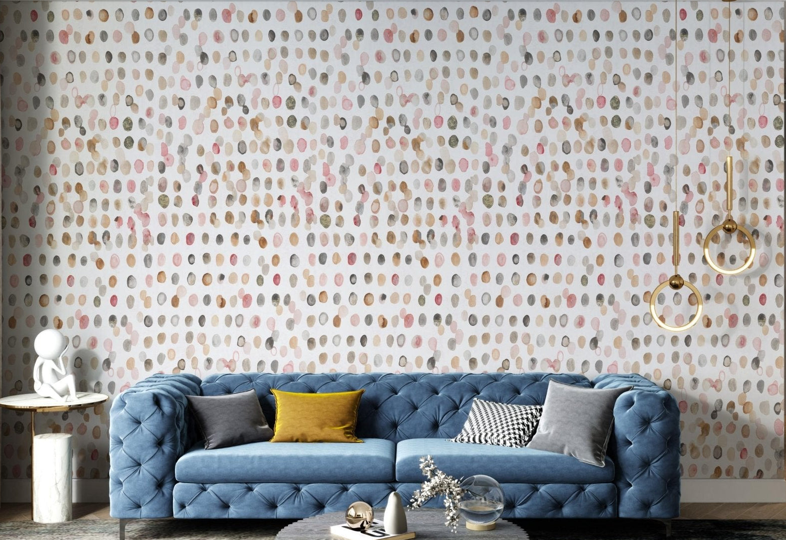 Decorative wall mural with a uniform grid of small artistic polka dot shapes.