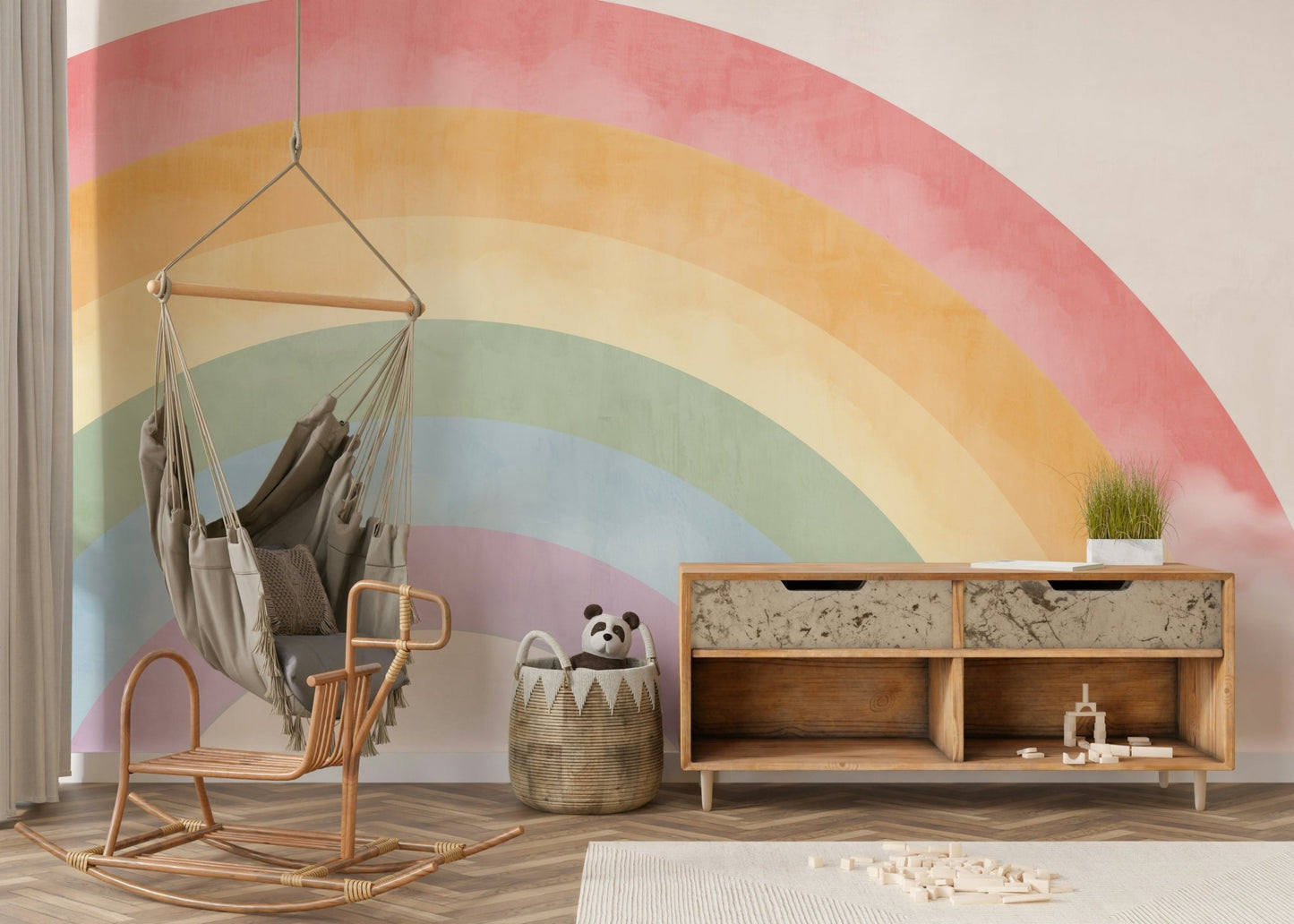 Whimsical heaven-inspired mural for a modern apartment space.