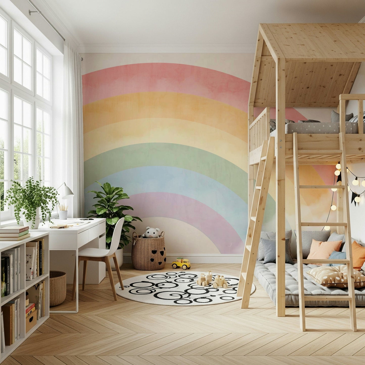 Bold atmospheric scene on a large feature wall in a playroom.