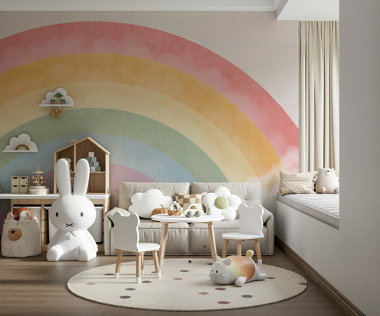 Watercolor rainbow sky wall mural with pastel clouds