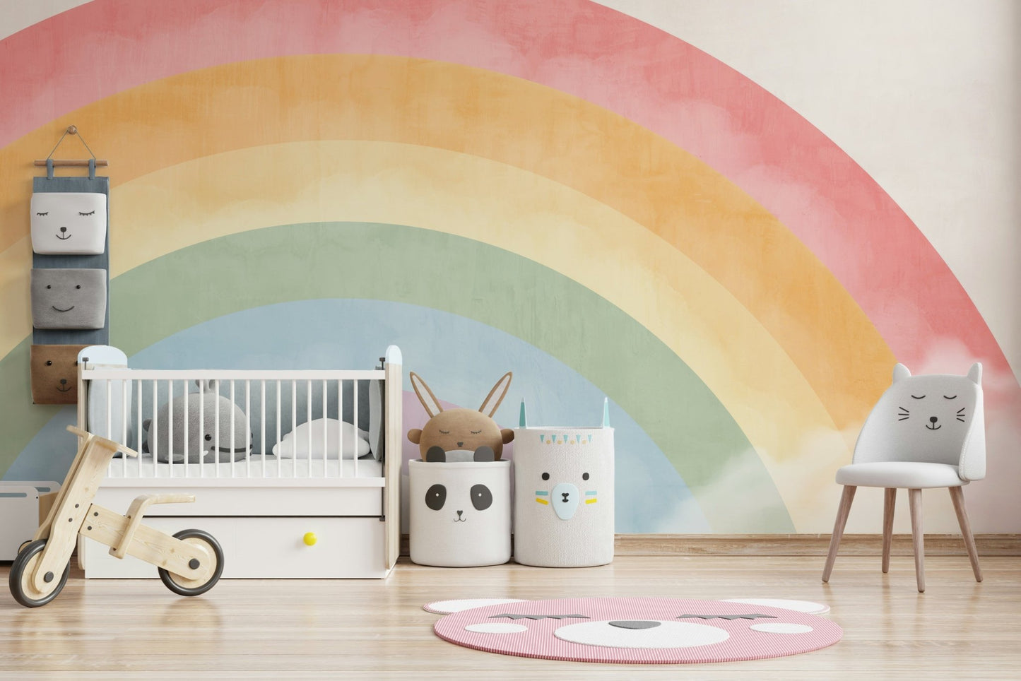 Watercolor Rainbow Sky mural showing light rays in a home office.