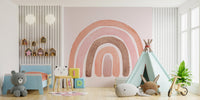 Bedroom wall mural with watercolor rainbow arches and a teepee tent.