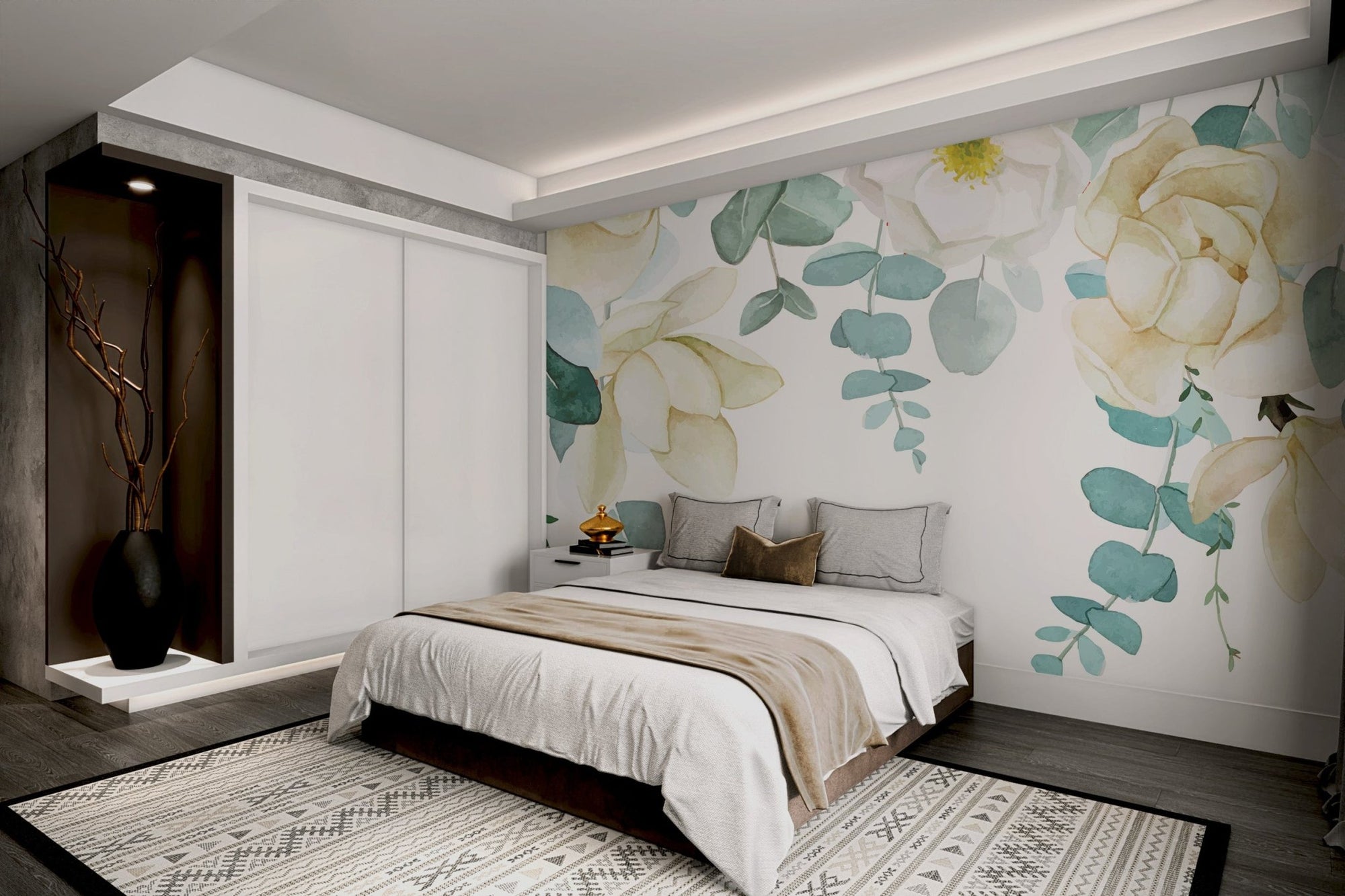 Watercolor rose botanical wallpaper with cream roses and eucalyptus leaves.