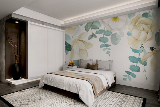 Watercolor rose botanical wallpaper with cream roses and eucalyptus leaves.