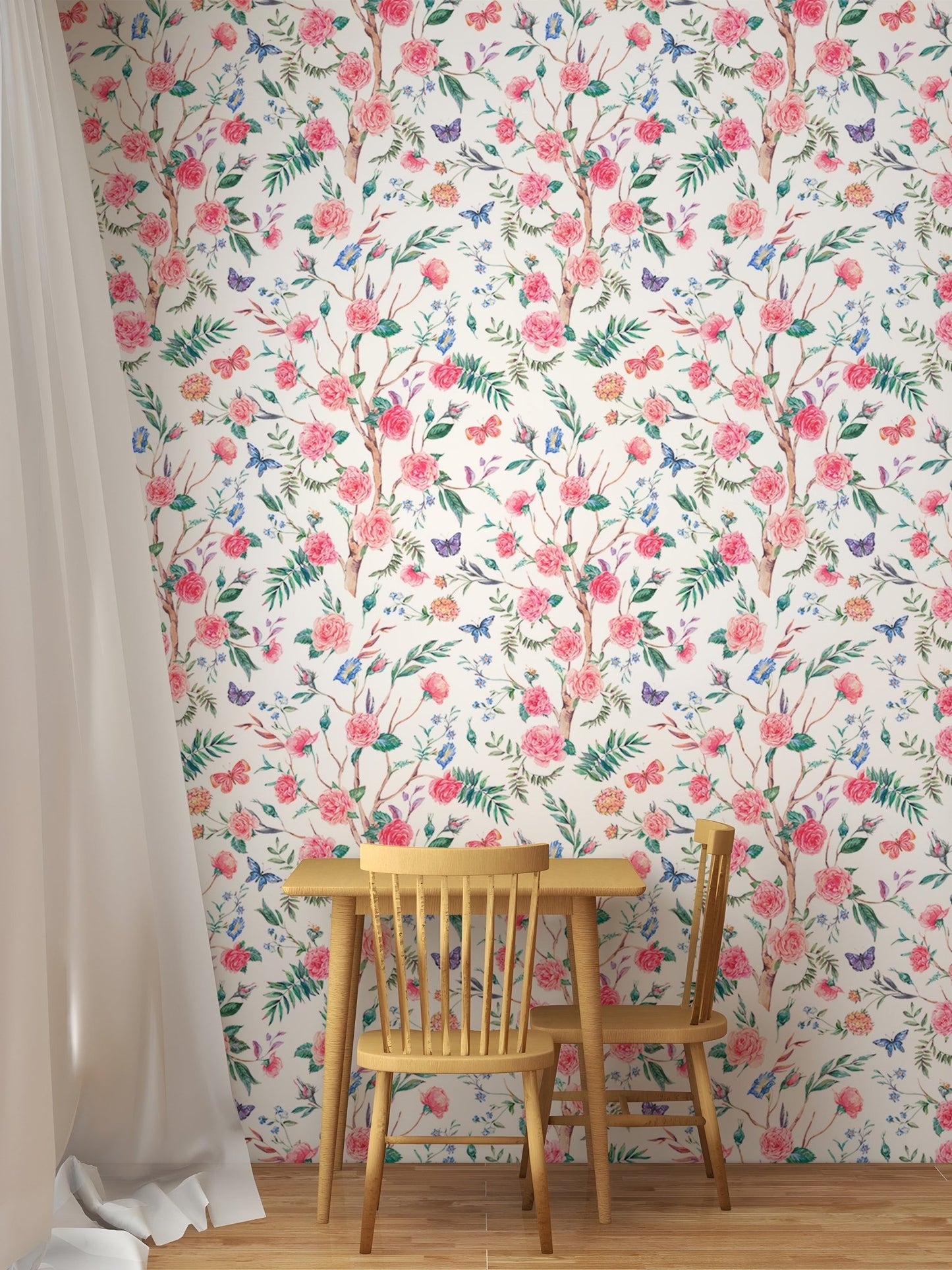 Watercolor Rose Bouquet Blooming White Floral Wallpaper in a small dining nook.