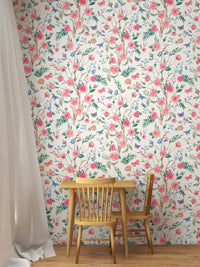 Watercolor Rose Bouquet Blooming White Floral Wallpaper in a small dining nook.