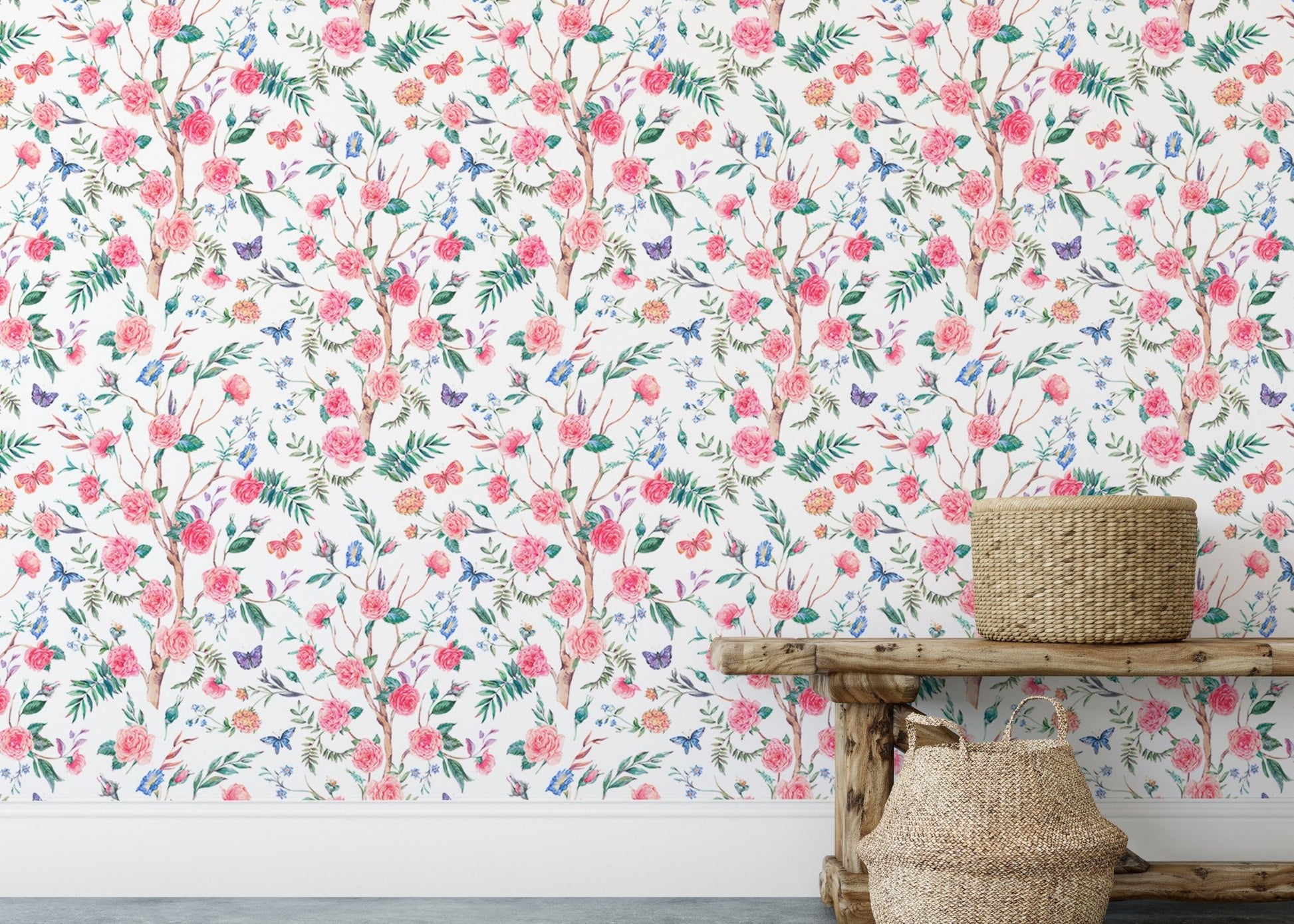 White floral wallpaper with pink and blue flowers near a rustic wooden bench.