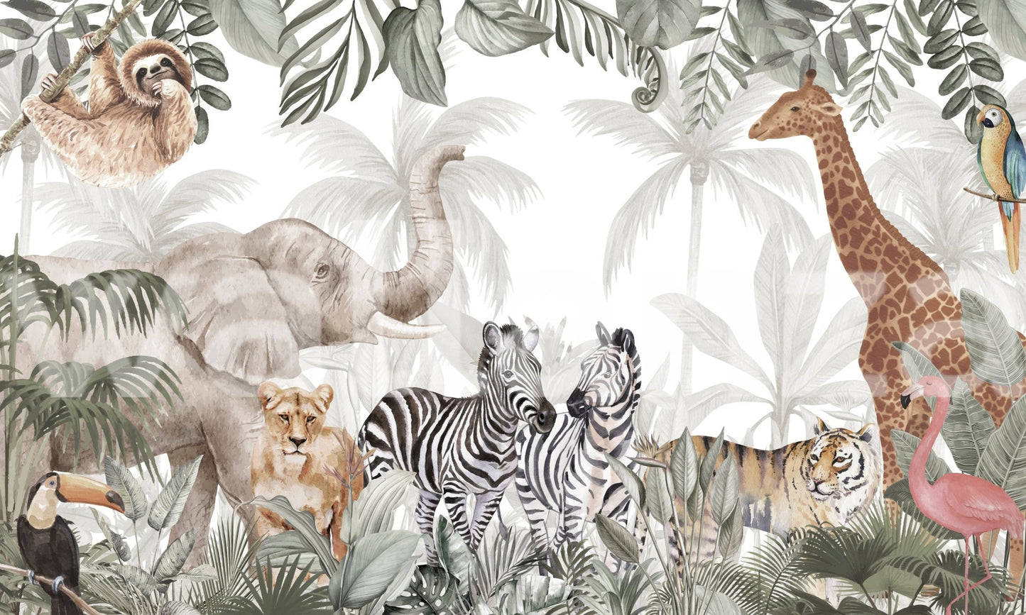 Jungle wildlife wall mural displaying a variety of safari animals on a white background.
