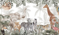 Jungle wildlife wall mural displaying a variety of safari animals on a white background.