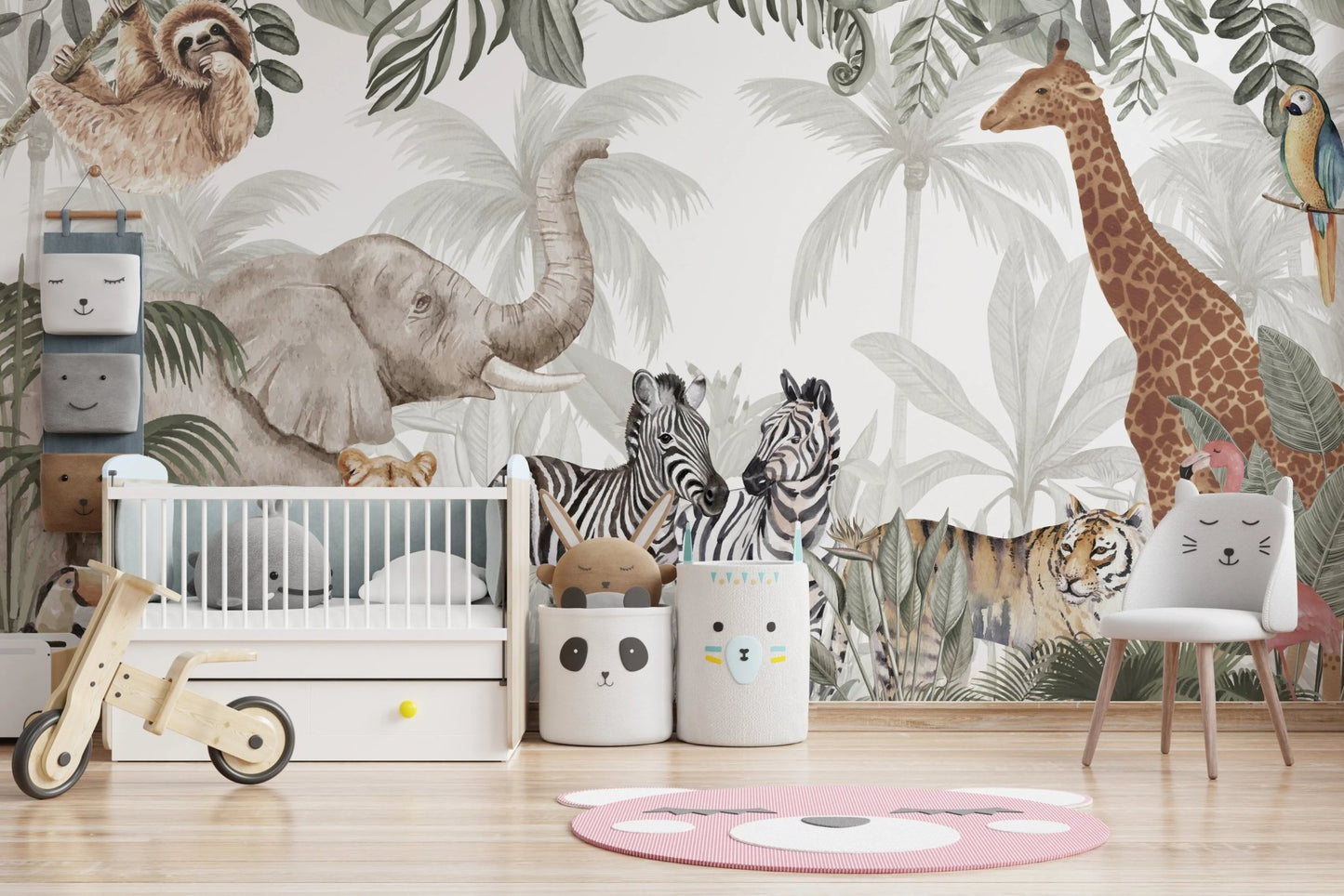 Detailed jungle wall mural with palm trees and safari animals in a sunny room.