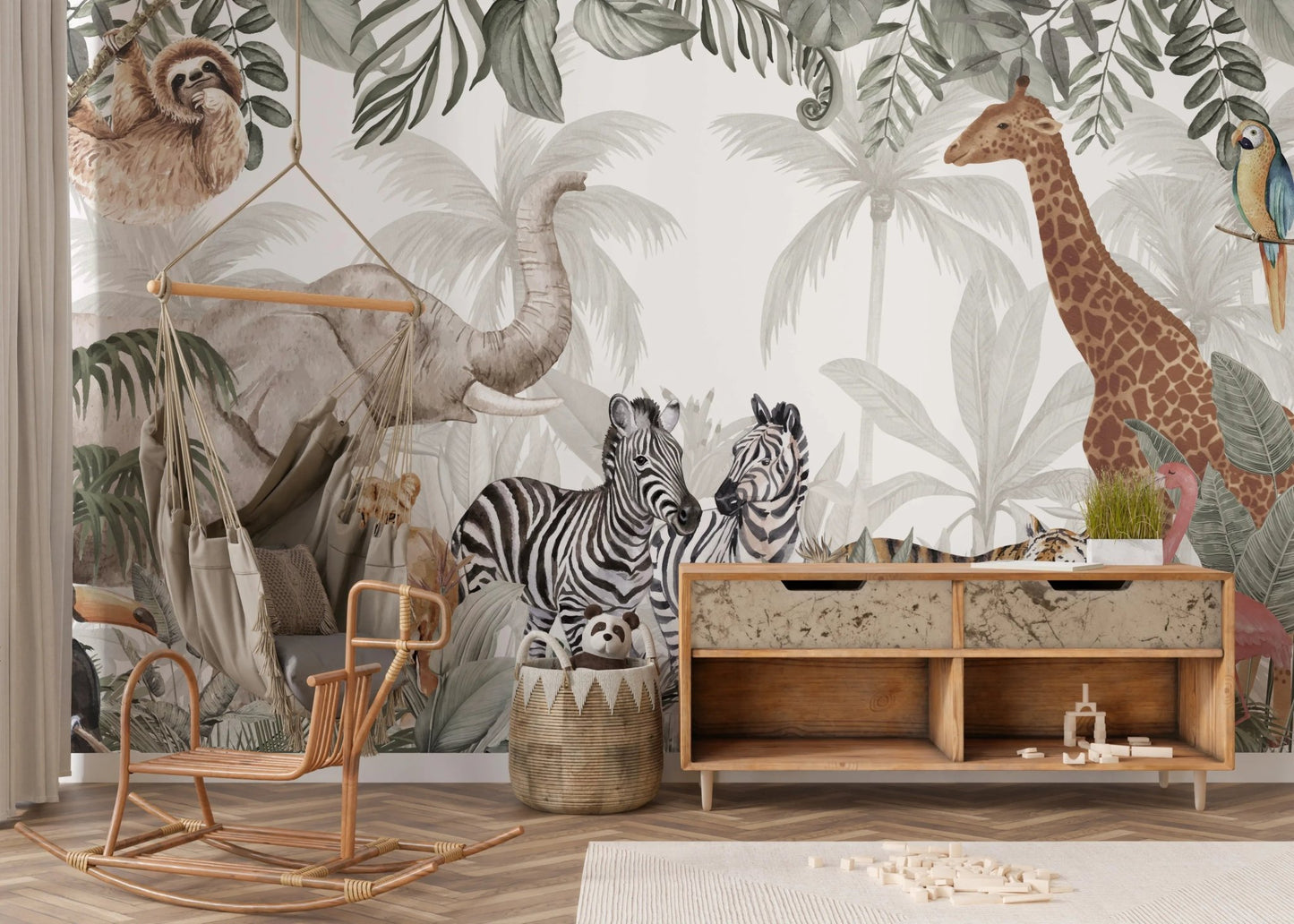 Safari themed wall mural featuring zebras and tropical leaves in a playroom.