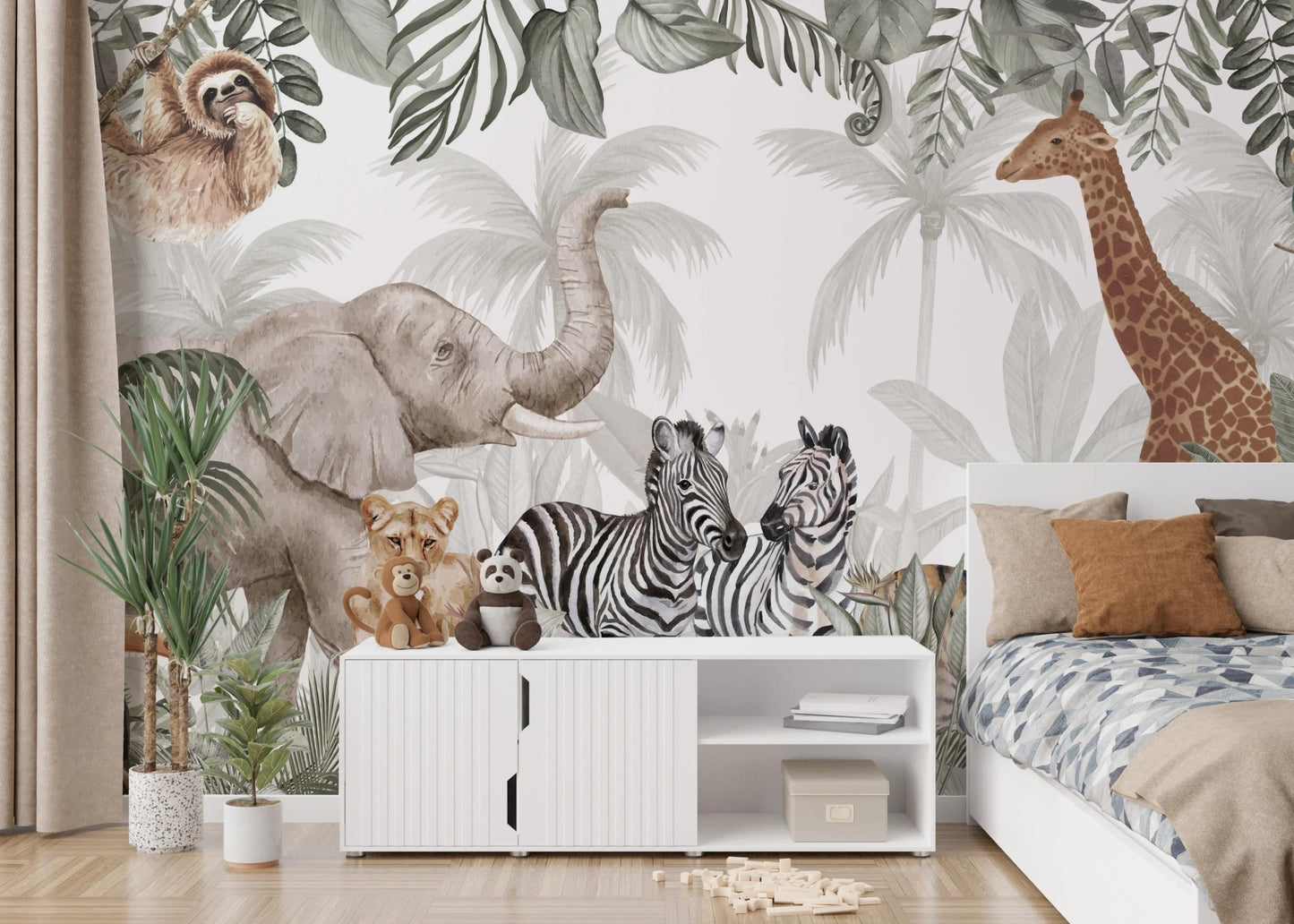 Watercolor Safari Sanctuary Wall Mural as a feature wall in bedroom with white desk.