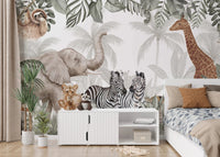 Watercolor Safari Sanctuary Wall Mural as a feature wall in bedroom with white desk.