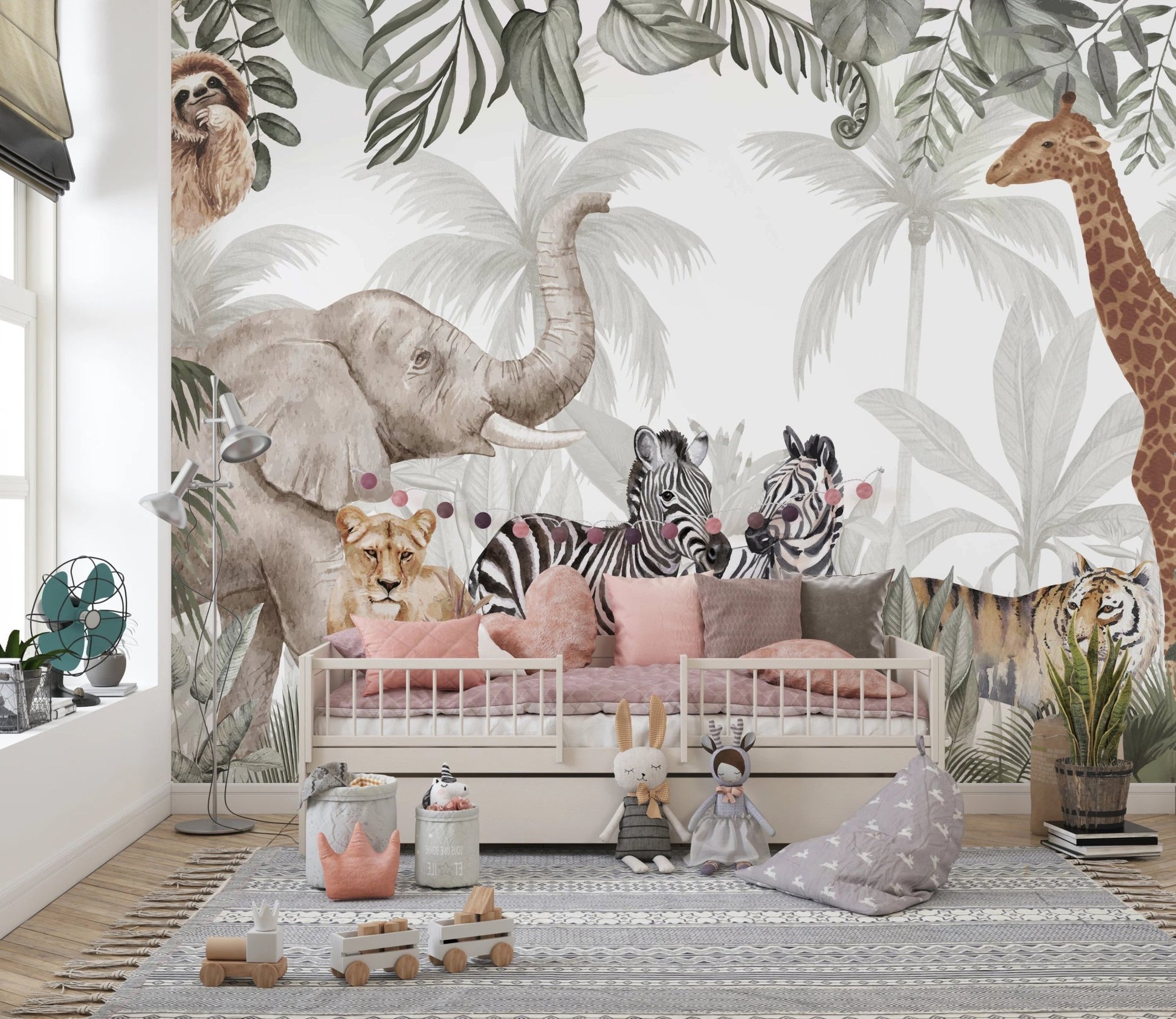 Tropical leaf and animal safari wall mural used in a bedroom with natural wood accents.