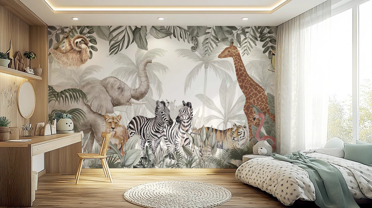 Watercolor Safari Sanctuary Wall Mural in a bedroom with wooden furniture and a rug.