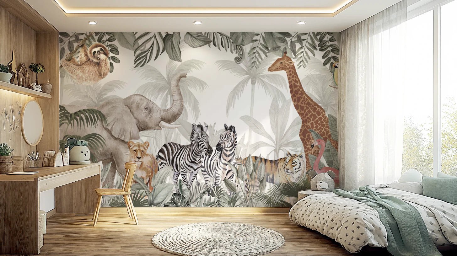 Watercolor Safari Sanctuary Wall Mural in a bedroom with wooden furniture and a rug.