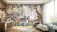 Watercolor Safari Sanctuary Wall Mural in a bedroom with wooden furniture and a rug.