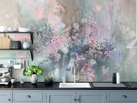Kitchen backsplash area decorated with a Watercolor Sakura Delight mural.