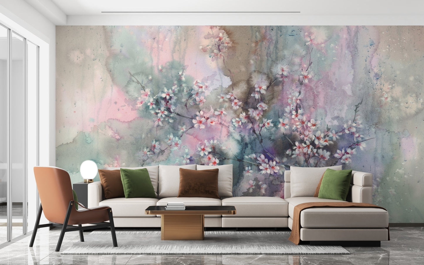 Modern interior living space featuring a calming floral wall mural.