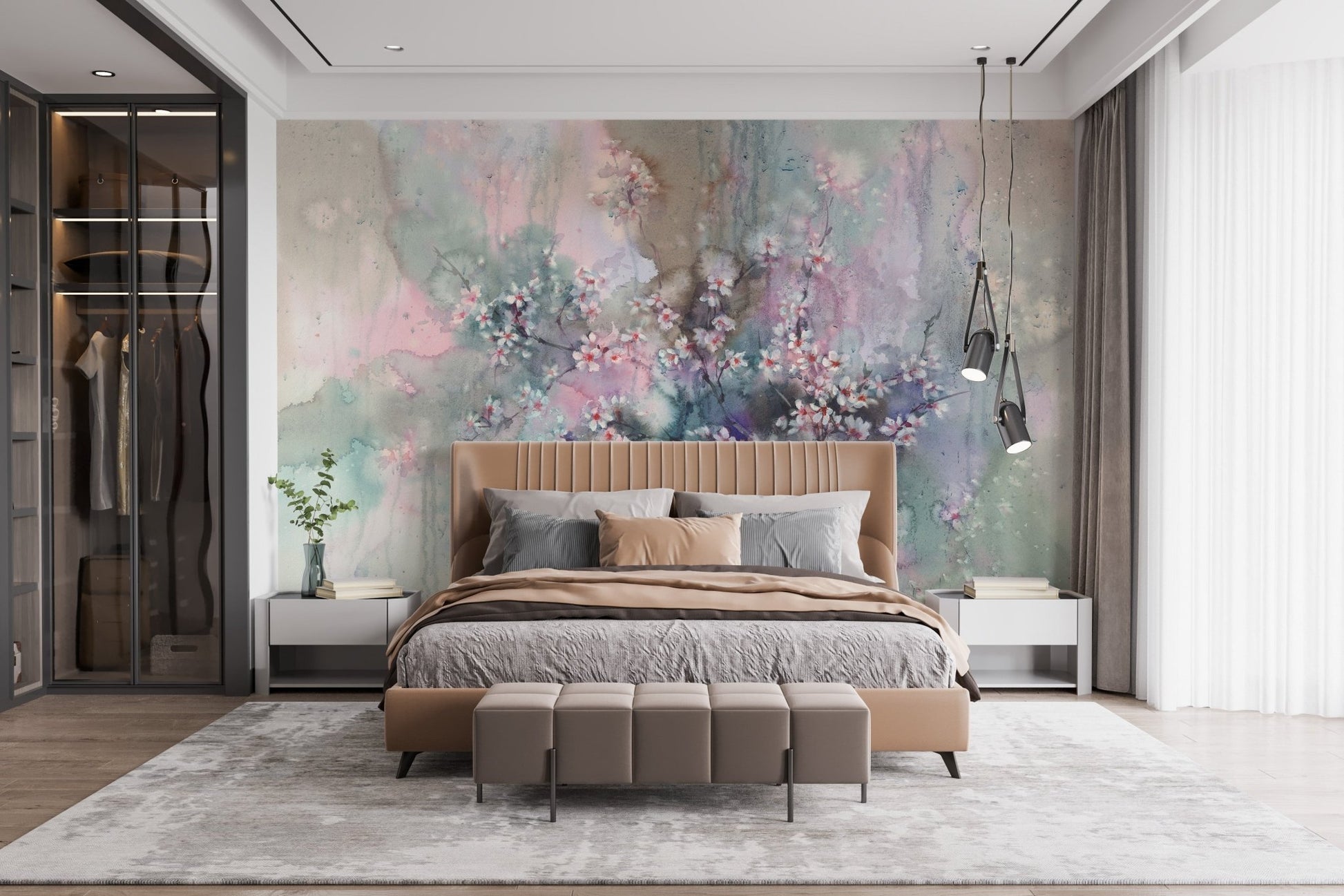 Large floral wall mural for a modern bedroom interior design.
