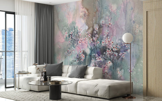 Watercolor Sakura Floral Delight wallpaper in a minimalist living room.