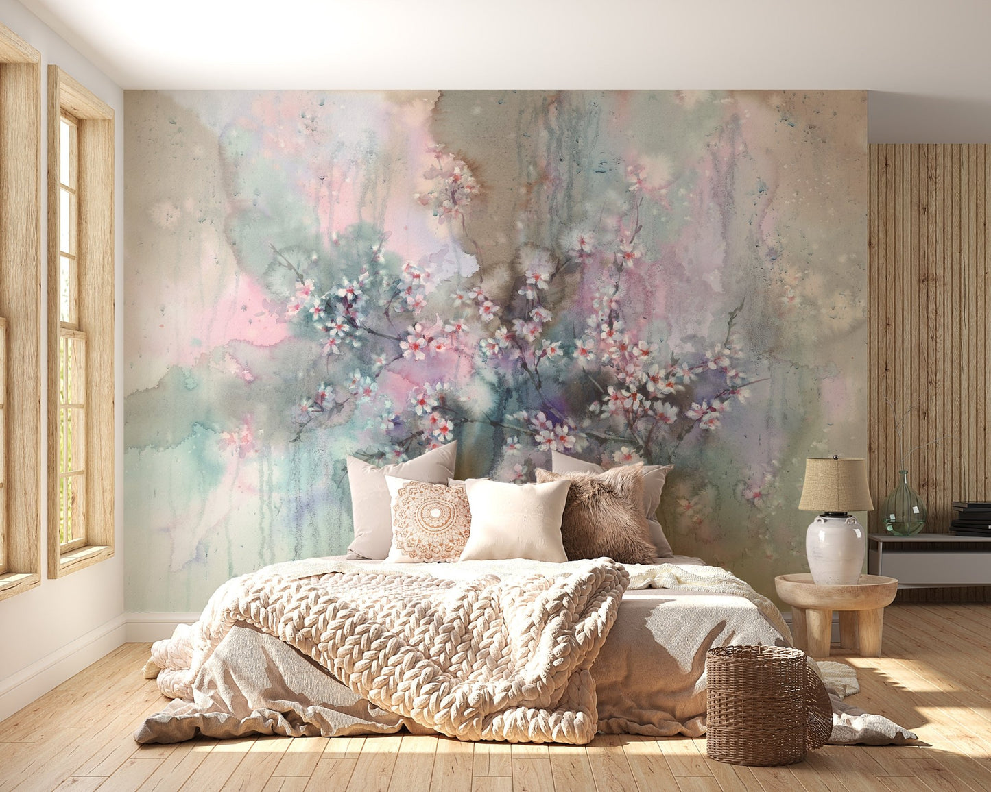 Abstract floral wall mural design setting a calm tone in a bedroom.