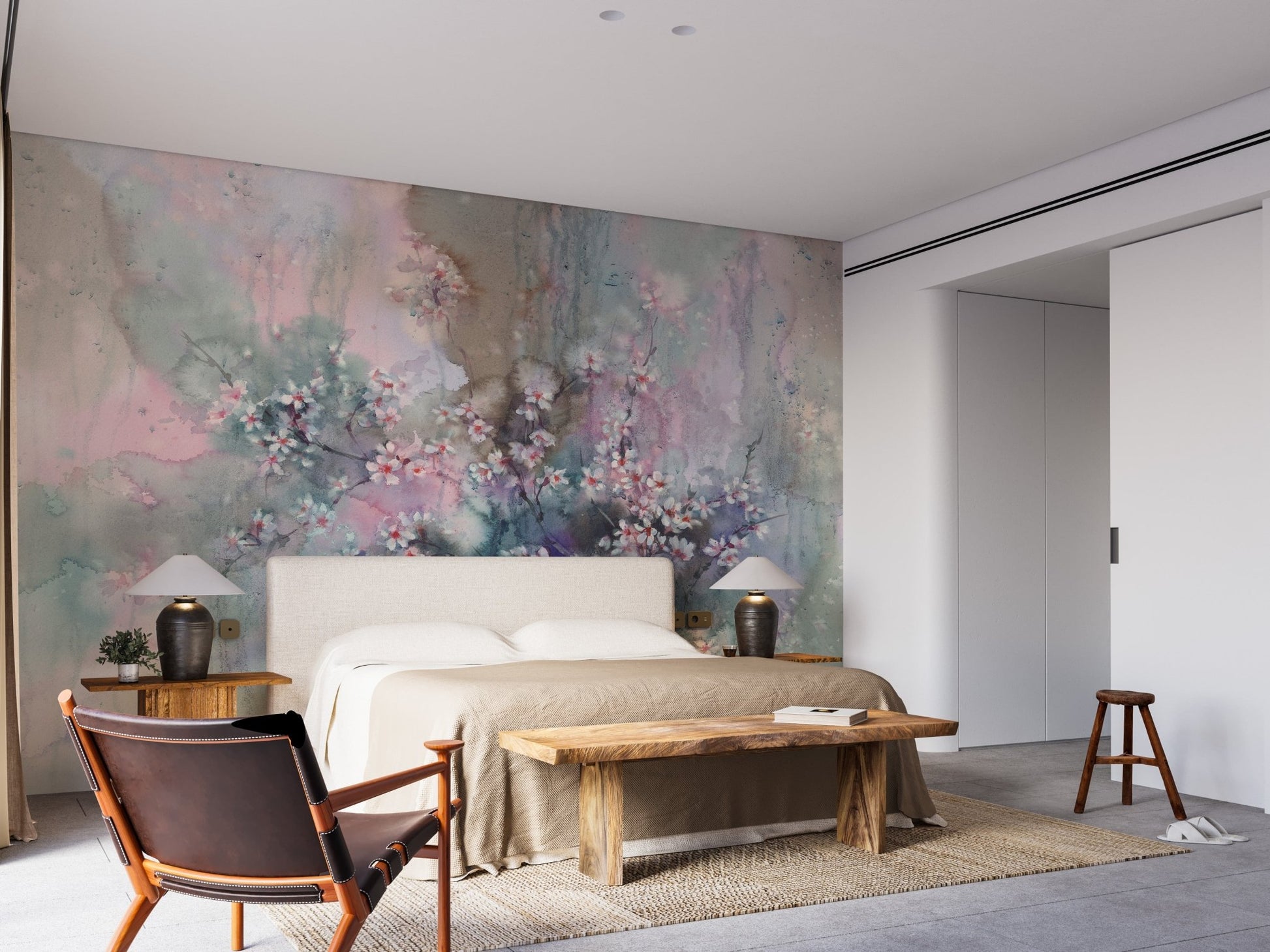 Bedroom featuring a Watercolor Sakura Floral Delight mural on the wall.