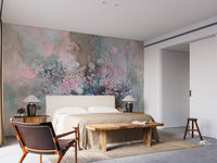 Bedroom featuring a Watercolor Sakura Floral Delight mural on the wall.
