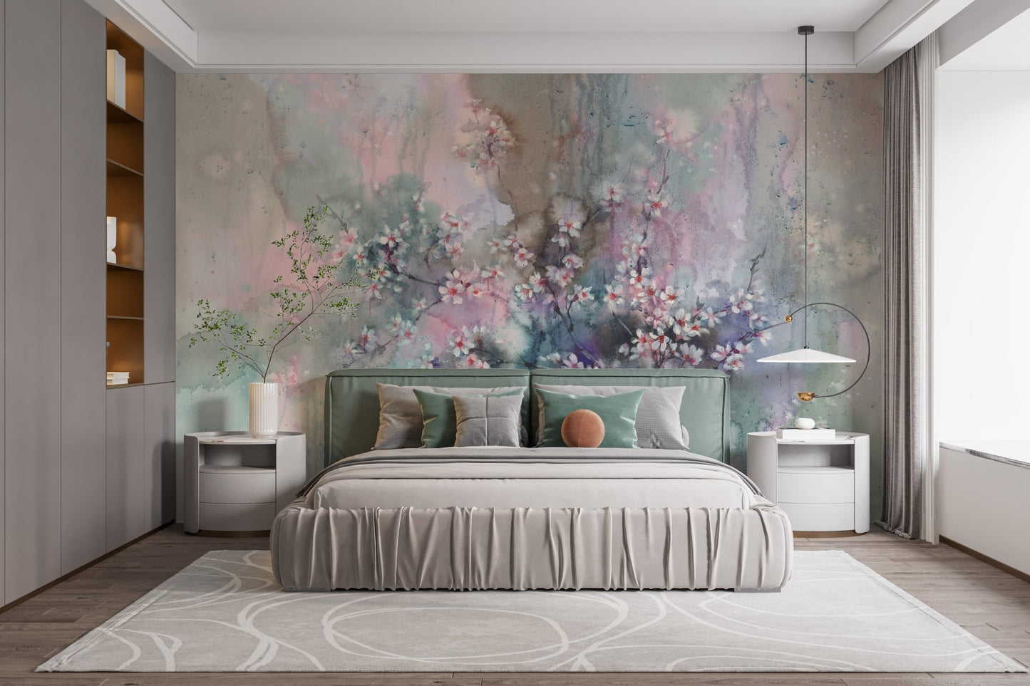 Elegant Sakura style wall mural applied in a spacious guest room.