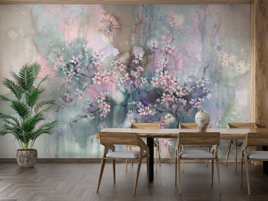 Contemporary dining space featuring a soft floral wall mural backdrop.