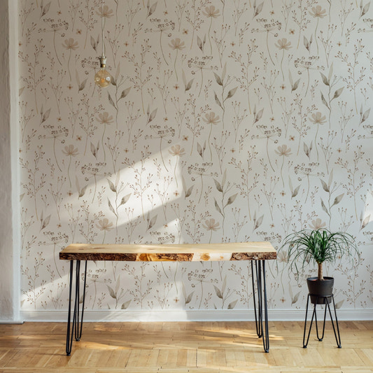Watercolor Seamless Pattern Ethereal Leaf Wallpaper on living room wall with wood table